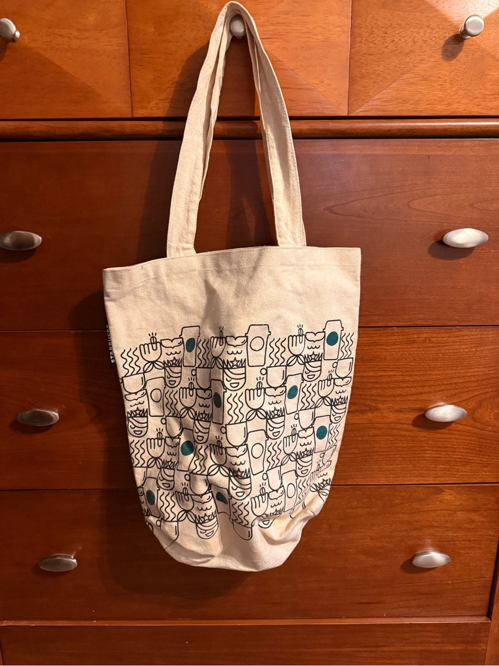 Starbucks Cream Canvas Tote with Teal Accent Print never used